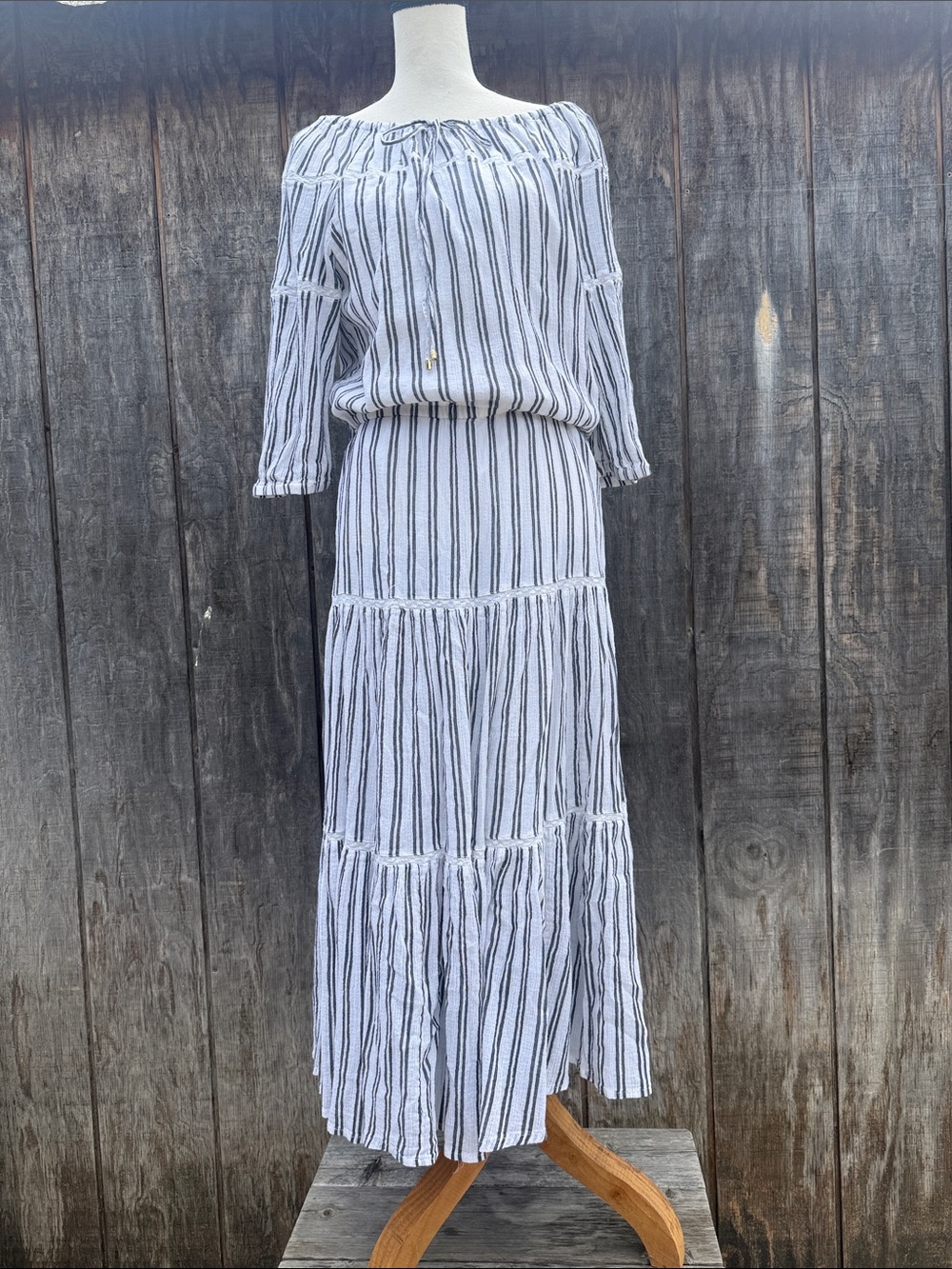 Lauren Ralph Lauren White Maxi Dress with Blue Stripes Ruffled Tiered Hem Sz 14